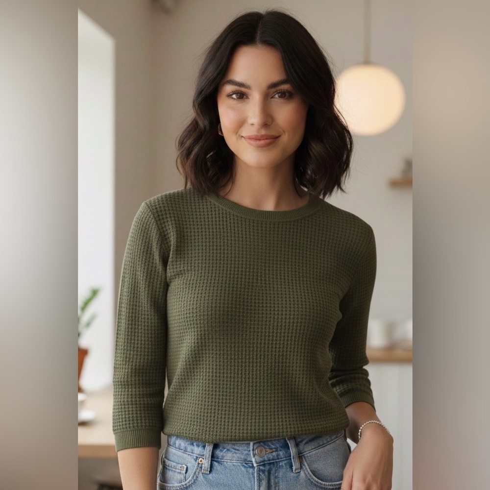 Vanilia tropical green ribbed crew neck 3/4 sleeve sweater, XS